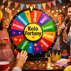Radosna impreza z Kołem Fortuny, gdzie czekają śmieszne konkursy i zabawy. Ludzie śmieją się, klaszczą i bawią się w rytm muzyki.