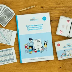 Karty Grabowskiego do nauki mnożenia i dzielenia, plansze z tabliczką mnożenia, karty z działaniami i instrukcją.