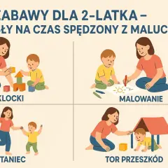 Zabawy rozwijające motorykę małą: budowanie z klocków, malowanie, taniec i tor przeszkód dla dwulatka.