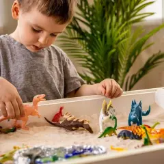 Chłopiec bawi się piaskiem i figurkami dinozaurów. Zabawa sensoryczna cele rozwoju wyobraźni i motoryki małej.