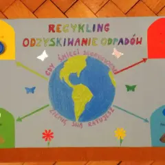 Plakat "Recykling odzyskiwanie odpadów" pokazuje, jak zrobić plakat do szkoły. Ziemia otoczona kolorowymi pojemnikami na śmieci i motylami.