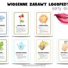 Kreatywne zabawy logopedyczne: karty z wiosennymi ćwiczeniami dla dzieci. Wśród nich: żaba, pszczoła, motyl, słońce, chmury, krople deszczu, usta i głośnik.