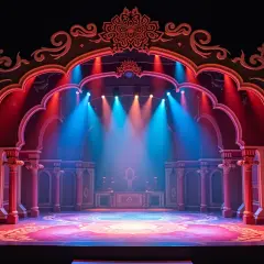 Scena teatralna z orientalnym łukiem, kolumnami i bogatymi rekwizytami teatralnymi, oświetlona niebieskimi i czerwonymi światłami.