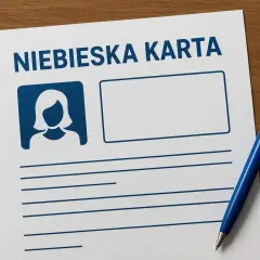 Niebieska karta wzór z miejscem na zdjęcie i dane. Długopis czeka na wypełnienie.