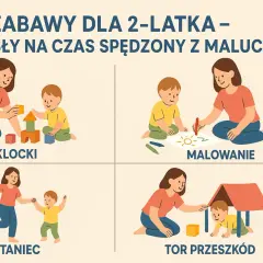 Pomysły na zabawy dla dwulatka w domu: budowanie z klocków, malowanie, taniec i tor przeszkód.