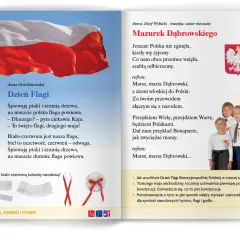 Polskie symbole narodowe dla dzieci: biało-czerwona flaga, godło z orłem i dzieci śpiewające hymn.