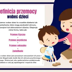 Ilustracja przedstawia płaczącego chłopca i kobietę, która go pociesza. Tekst informuje o definicji przemocy wobec dzieci, jej formach i skutkach.