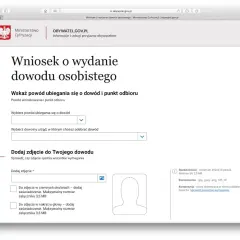 Formularz wniosku o wydanie dowodu osobistego. Wybierz powód, urząd odbioru i dodaj zdjęcie.
