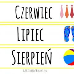 Czerwiec, lipiec, sierpień – letnie miesiące po polsku. W tle krawaty, klapki i piłka plażowa.