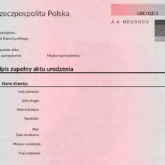 Odpis aktu urodzenia z danymi dziecka, niezbędny do wyrobienia PESEL dla dziecka urodzonego za granicą.