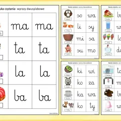 Łatwe ćwiczenia nauka czytania: mama, tata, lala, baba i inne dwusylabowe wyrazy z obrazkami.