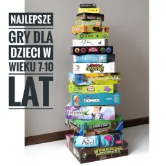Stos **popularnych gier dla dzieci** w wieku 7-10 lat, od Sabotażysty po Wybuchową Mieszkankę.