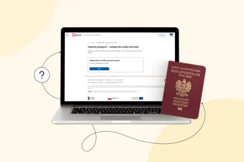 Laptop z otwartą stroną gov.pl o paszporcie online i polskim paszportem obok.