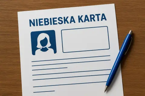 Niebieska karta rodziny czeka na wypełnienie. Obok miejsce na zdjęcie i dane. Długopis gotowy do pracy.