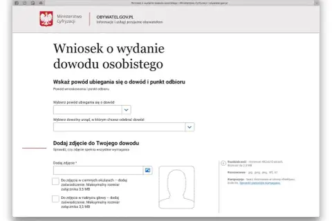 Formularz wniosku o wydanie dowodu osobistego. Wybierz powód, urząd odbioru i dodaj zdjęcie.
