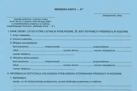 Niebieska karta A, formularz do zgłaszania przemocy w rodzinie. Wypełniany, gdy podejrzewamy, że ktoś, np. alkoholik, doświadcza przemocy.