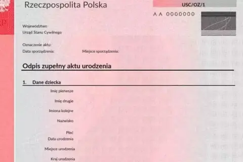 Odpis aktu urodzenia z danymi dziecka, niezbędny do wyrobienia PESEL dla dziecka urodzonego za granicą.