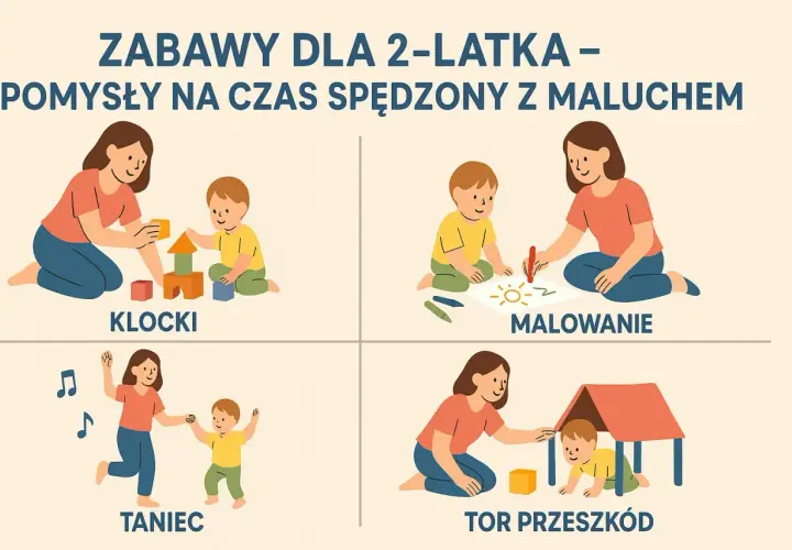 Zabawy rozwijające motorykę małą: budowanie z klocków, malowanie, taniec i tor przeszkód dla dwulatka.