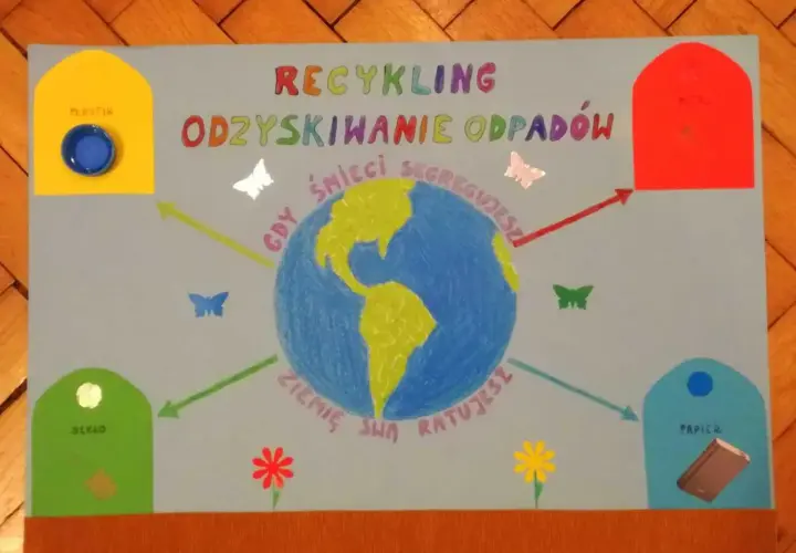 Plakat "Recykling odzyskiwanie odpadów" pokazuje, jak zrobić plakat do szkoły. Ziemia otoczona kolorowymi pojemnikami na śmieci i motylami.