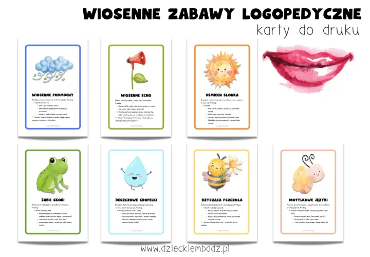 Kreatywne zabawy logopedyczne: karty z wiosennymi ćwiczeniami dla dzieci. Wśród nich: żaba, pszczoła, motyl, słońce, chmury, krople deszczu, usta i głośnik.