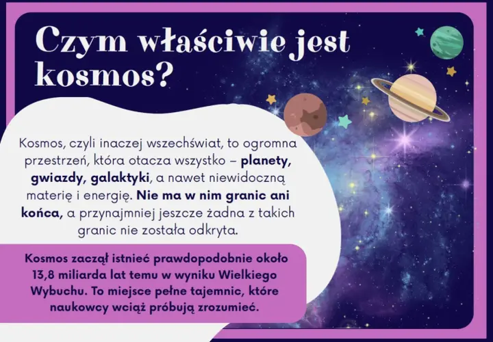 Ciekawostki o kosmosie dla dzieci: wszechświat to ogromna przestrzeń z planetami, gwiazdami i galaktykami, bez granic. Powstał 13,8 mld lat temu.