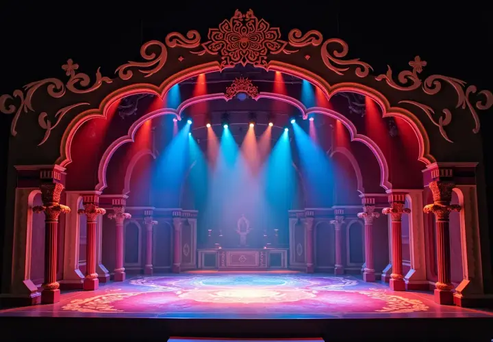 Scena teatralna z orientalnym łukiem, kolumnami i bogatymi rekwizytami teatralnymi, oświetlona niebieskimi i czerwonymi światłami.