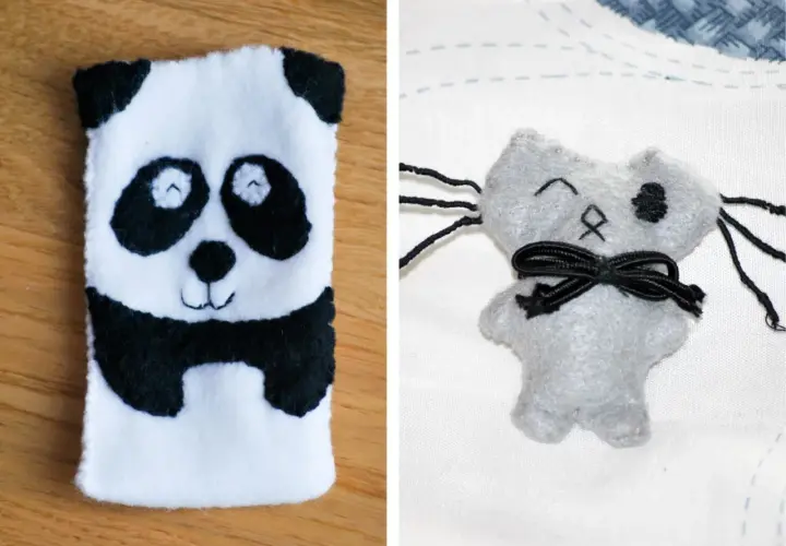 Urocze prezenty z papieru: pluszowa panda i kotek z kokardką.