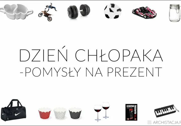 Kolaż przedmiotów: kubki w kształcie serca, motocyklista, hantle, piłka, gokart, słoik, torba sportowa, foremki do babeczek, kieliszki z winem, książka, klawiatura.