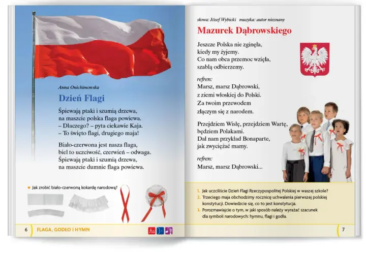 Polskie symbole narodowe dla dzieci: biało-czerwona flaga, godło z orłem i dzieci śpiewające hymn.