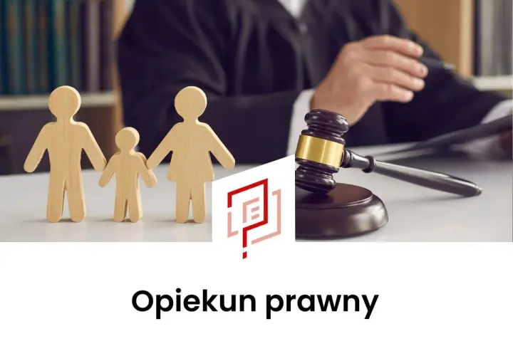 Drewniane figurki rodziny przed sędzią i młotkiem. Dowiedz się, jak zostać opiekunem prawnym.