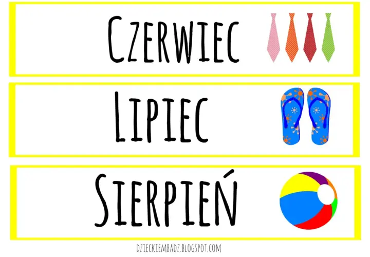 Czerwiec, lipiec, sierpień – letnie miesiące po polsku. W tle krawaty, klapki i piłka plażowa.