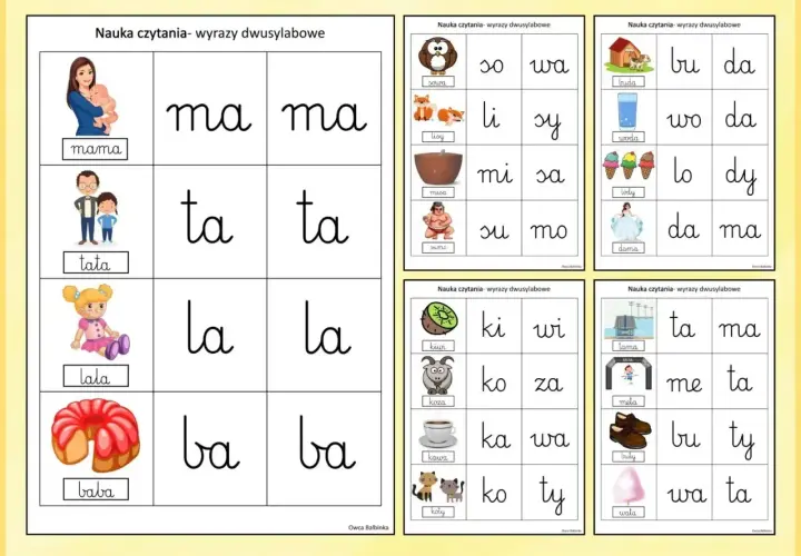 Łatwe ćwiczenia nauka czytania: mama, tata, lala, baba i inne dwusylabowe wyrazy z obrazkami.