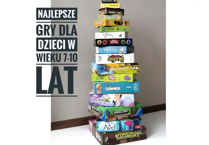 Stos **popularnych gier dla dzieci** w wieku 7-10 lat, od Sabotażysty po Wybuchową Mieszkankę.