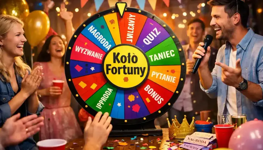 Radosna impreza z Kołem Fortuny, gdzie czekają śmieszne konkursy i zabawy. Ludzie śmieją się, klaszczą i bawią się w rytm muzyki.