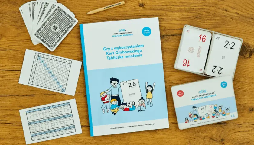 Karty Grabowskiego do nauki mnożenia i dzielenia, plansze z tabliczką mnożenia, karty z działaniami i instrukcją.