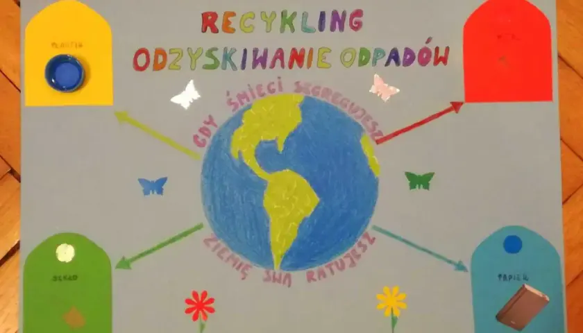 Plakat "Recykling odzyskiwanie odpadów" pokazuje, jak zrobić plakat do szkoły. Ziemia otoczona kolorowymi pojemnikami na śmieci i motylami.
