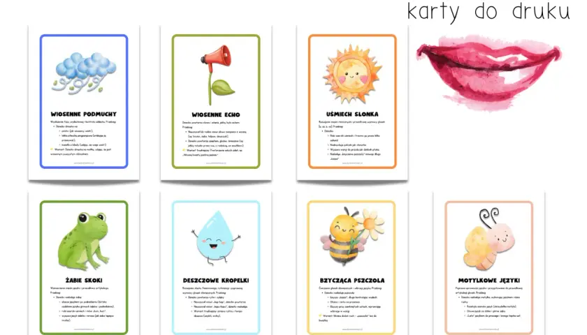 Kreatywne zabawy logopedyczne: karty z wiosennymi ćwiczeniami dla dzieci. Wśród nich: żaba, pszczoła, motyl, słońce, chmury, krople deszczu, usta i głośnik.