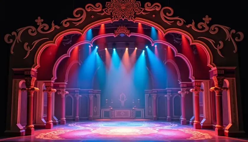 Scena teatralna z orientalnym łukiem, kolumnami i bogatymi rekwizytami teatralnymi, oświetlona niebieskimi i czerwonymi światłami.