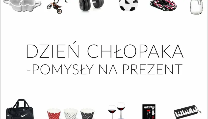 Kolaż przedmiotów: kubki w kształcie serca, motocyklista, hantle, piłka, gokart, słoik, torba sportowa, foremki do babeczek, kieliszki z winem, książka, klawiatura.