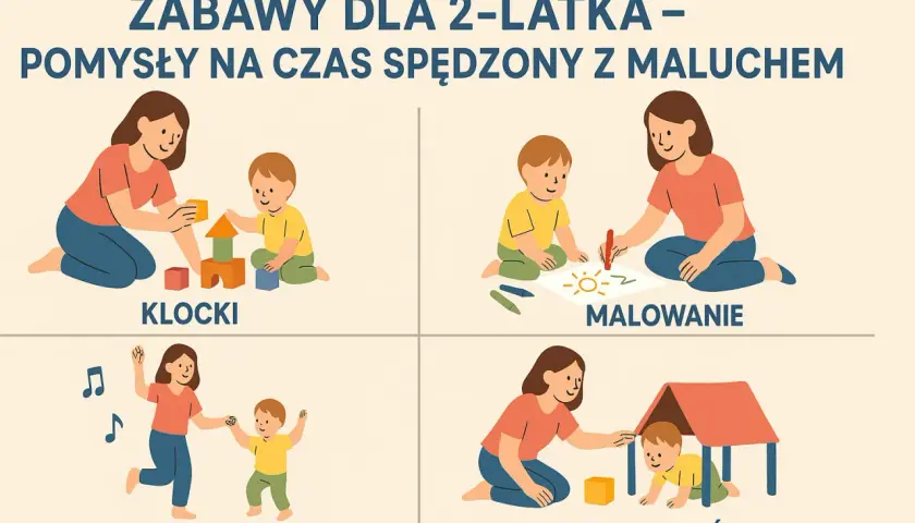 Pomysły na zabawy dla dwulatka w domu: budowanie z klocków, malowanie, taniec i tor przeszkód.