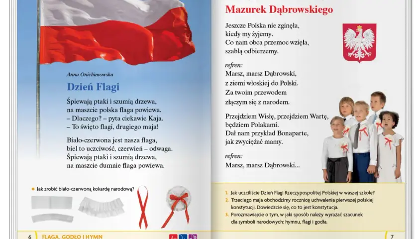 Polskie symbole narodowe dla dzieci: biało-czerwona flaga, godło z orłem i dzieci śpiewające hymn.