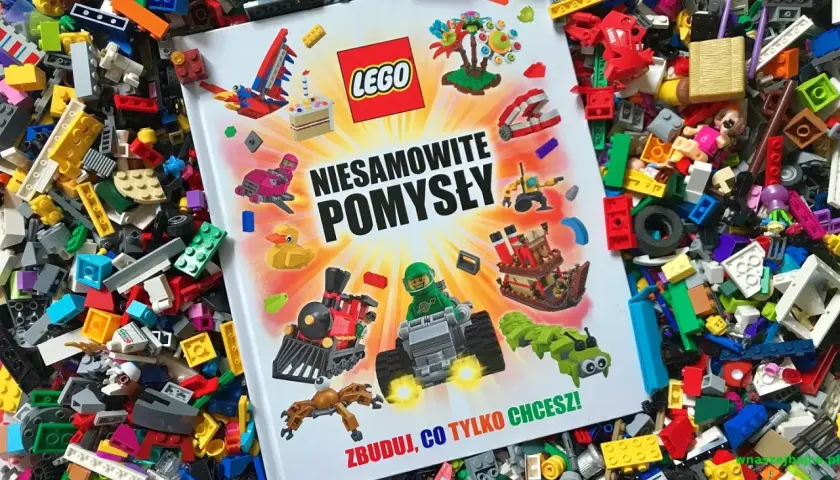 Książka LEGO "Niesamowite pomysły" leży na morzu klocków, inspirując do budowania wszystkiego, co tylko chcesz.