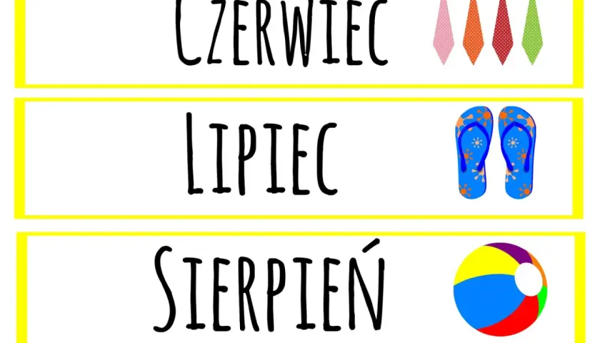 Czerwiec, lipiec, sierpień – letnie miesiące po polsku. W tle krawaty, klapki i piłka plażowa.