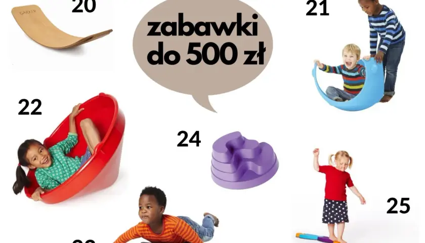 Różnorodne zabawki sensoryczne dla dzieci: huśtawka, deska balansująca, ścieżka sensoryczna i inne.