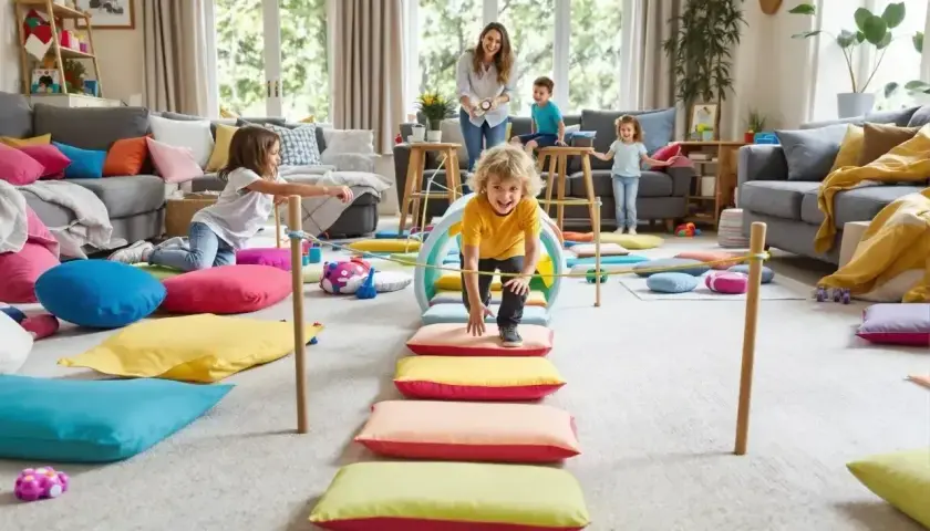 Wesołe zajęcia kreatywne pomysły: dzieci pokonują tor przeszkód z poduszek w salonie, mama kibicuje.