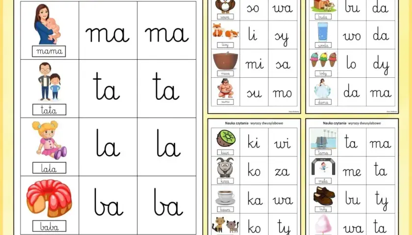 Łatwe ćwiczenia nauka czytania: mama, tata, lala, baba i inne dwusylabowe wyrazy z obrazkami.