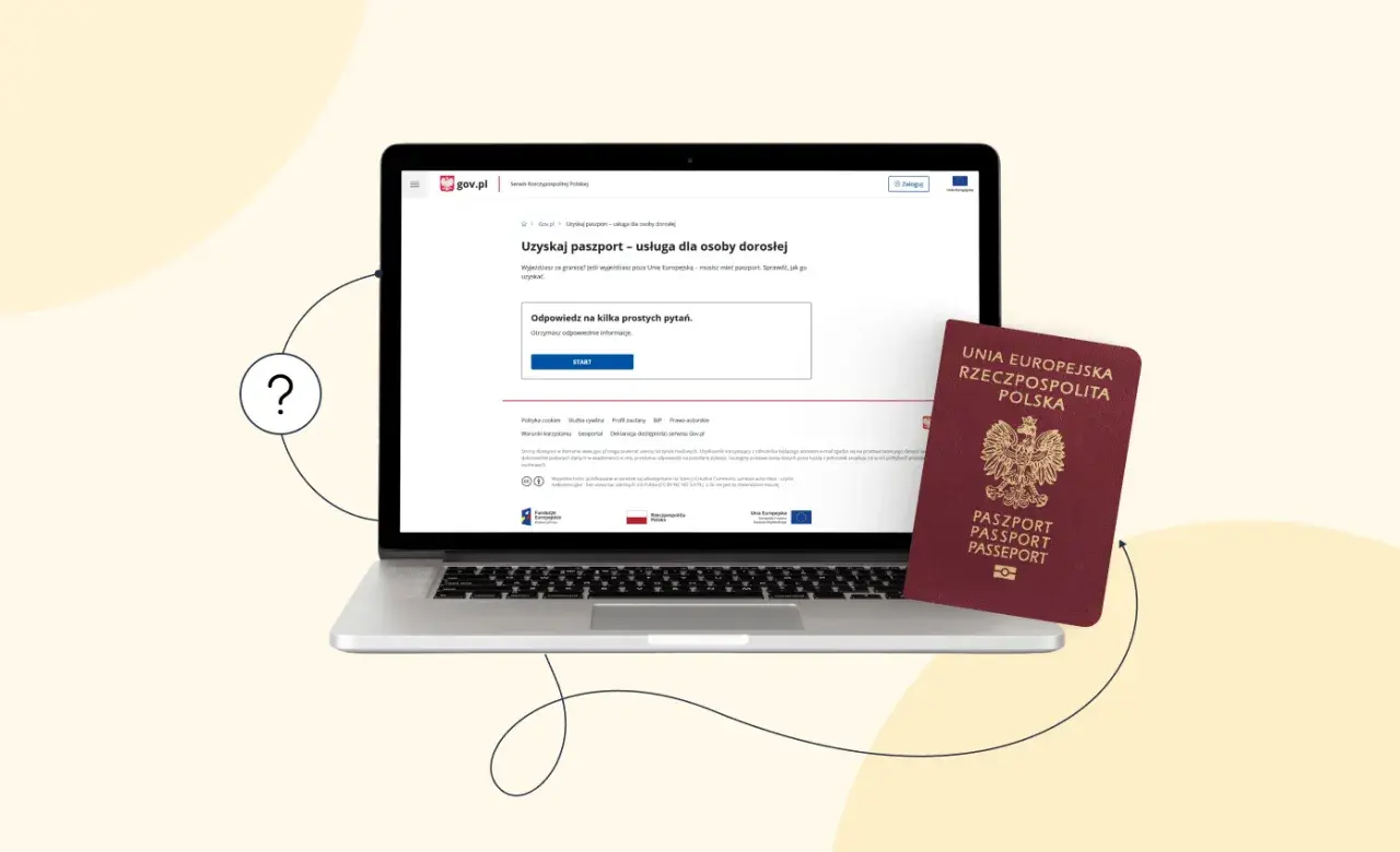 Laptop z otwartą stroną gov.pl o paszporcie online i polskim paszportem obok.