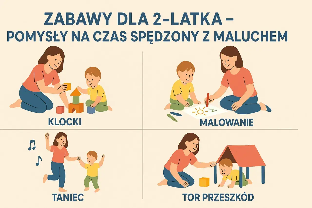 Zabawy rozwijające motorykę małą: budowanie z klocków, malowanie, taniec i tor przeszkód dla dwulatka.