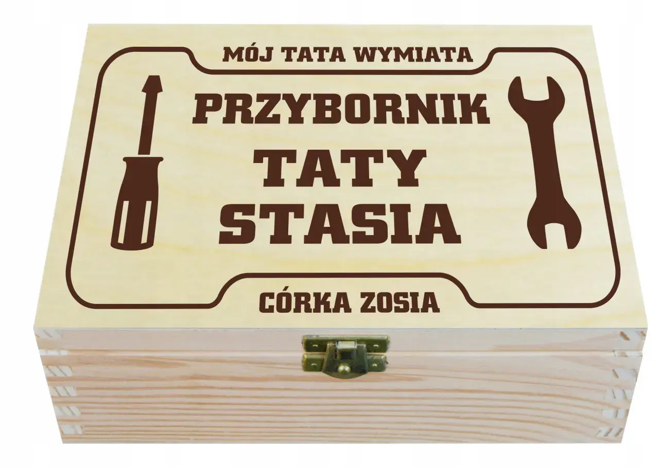 Drewniana skrzynka z napisem "Przybornik Taty Stasia" i grafiką narzędzi, idealna na Dzień Ojca.