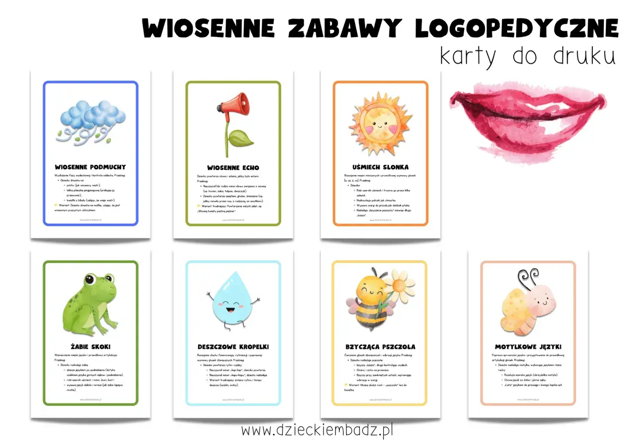 Kreatywne zabawy logopedyczne: karty z wiosennymi ćwiczeniami dla dzieci. Wśród nich: żaba, pszczoła, motyl, słońce, chmury, krople deszczu, usta i głośnik.